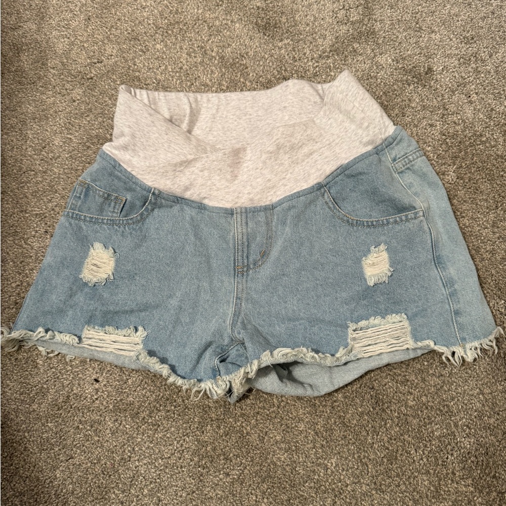 Denim Blue Women's maternity Shorts with Gray Waistband